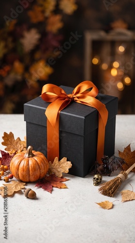 Elegant Halloween Gift Box with Pumpkin and Autumn Decorations