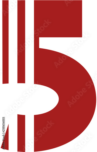Red and white abstract number five design with vertical lines