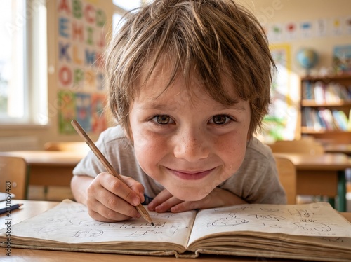 Happy Young Boy Concentrating on Drawing and Writing in His Notebook Inside a Bright and Colorful Classroom Setting During School Hours