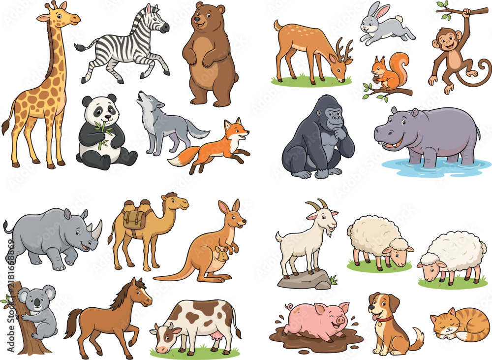 Obraz premium Cute Cartoon Wildlife Animal Collection Featuring Giraffe, Zebra, Bear, Deer, Panda, Fox, Gorilla, Hippopotamus, Rhinoceros and Farm Animals