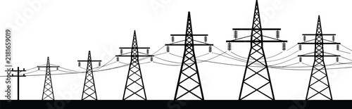 Silhouette of a series of electrical transmission towers of increasing size connected by power lines against a plain white background