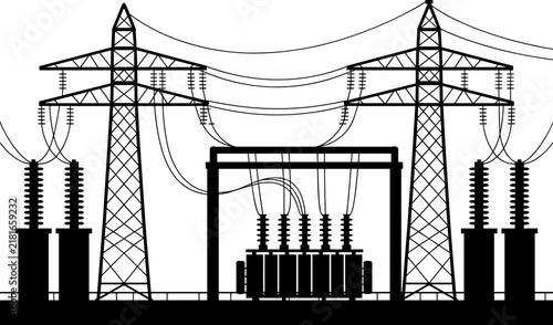A black silhouette of a voltage electrical substation with two large transmission towers and power lines on a white background
