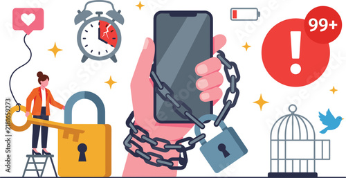 Foto Concept of Digital Detox and Smartphone Addiction with Hand Chained to Mobile Ph