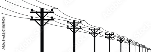 Silhouette of a long row of electrical transmission towers and power lines stretching into the distance against a plain white background