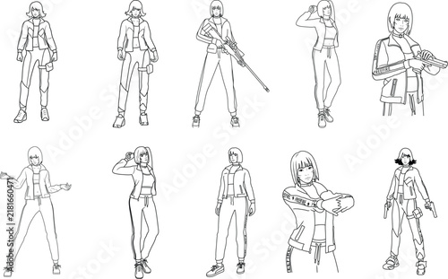 Draw a soldier, cartoon characters. Outline. Isolated military men, soldier characters. Lineart for coloring books or game design