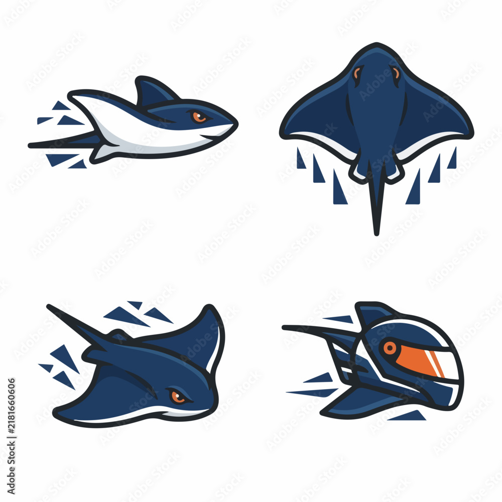 Fototapeta premium Cartoon Shark and Stingray Illustrations.