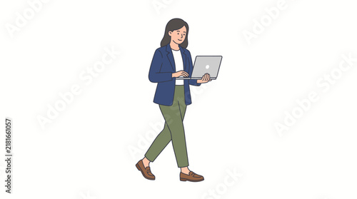 Professional woman walking while using a laptop