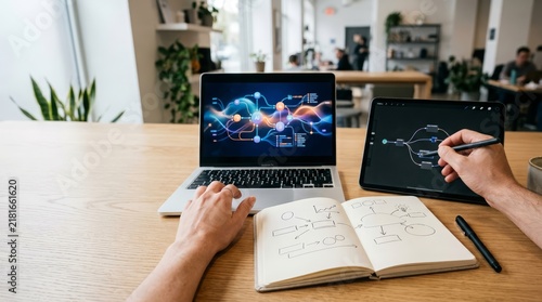Modern workplace concept showing collaboration between human expertise and AI-assisted productivity tools
