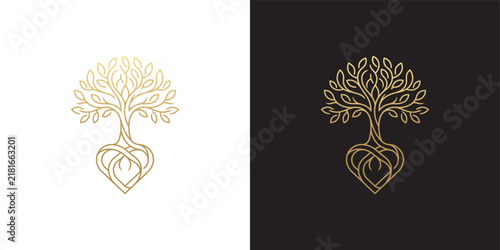 Elegant Golden Line Art Tree of Life with Heart Shaped Roots Logo Design Set on White and Black Background