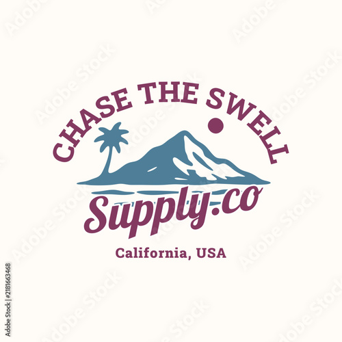 Surf Vintage T-Shirt Design with Sun and Palm Trees, wave, tent, mountain, van, Retro Summer Beach Graphic