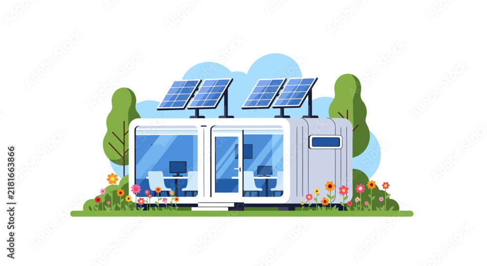 Fototapeta premium Modern Modular Eco-Friendly Office with Solar Panels and Large Glass Windows, Sustainable Workspace in Nature Vector Illustration