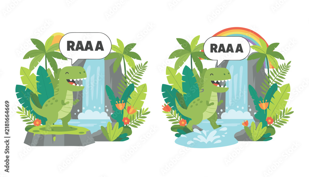 Obraz premium Cute green dinosaur character roaring by a tropical waterfall in a spot-the-difference puzzle style vector.