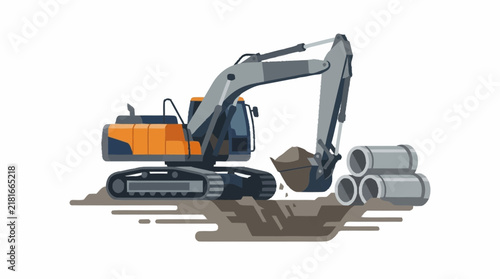 Clean of an Orange and Gray Excavator Handling Large Concrete Pipes and Dirt with high quality professional line art symbols for modern creative design and digital branding projects