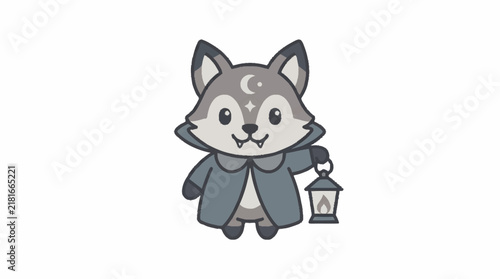 Clean of a Whimsical Gray Fox Character Holding a Lantern with Moon and Star Accents with high quality professional line art symbols for modern creative design and digital branding projects