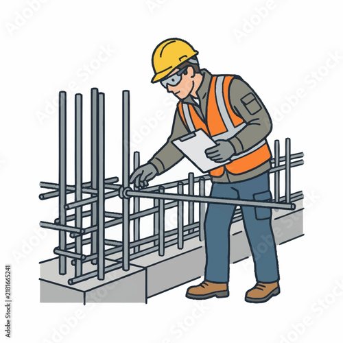 Clean of Construction Worker Assembling Reinforced Steel Rebar Framework with Safety Gear with high quality professional line art symbols for modern creative design and digital branding projects