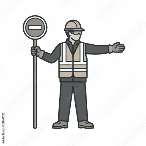 Clean of Construction Worker Directing Traffic with No Entry Sign and Safety Vest with high quality professional line art symbols for modern creative design and digital branding projects