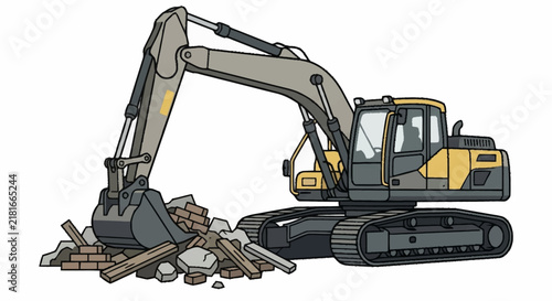 Clean of a Yellow and Gray Excavator Demolishing Brick Structures and Debris with high quality professional line art symbols for modern creative design and digital branding projects