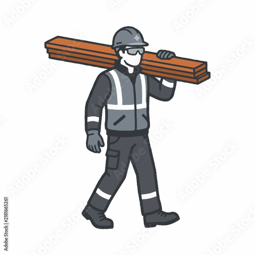 Clean of Construction Worker Carrying Orange and Black Wooden Beam Over Shoulder with high quality professional line art symbols for modern creative design and digital branding projects