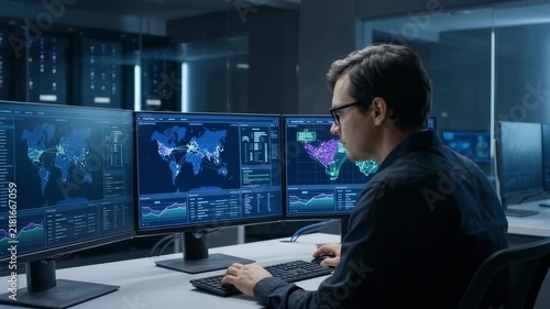 Man in glasses analyzing global data on multiple monitors in a server room, Cybersecurity professional monitoring network activity on complex dashboards
