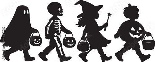 Children in ghost, skeleton, witch, and pumpkin costumes carrying candy buckets silhouette vector