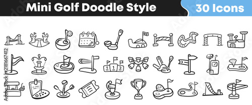Hand drawn mini golf doodle icons set for sport game design