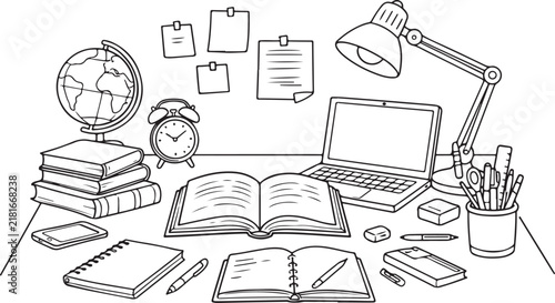 Study table with books and stationery for student learning and education outline vector.