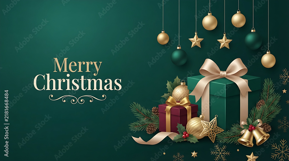 Obraz premium Elegant merry christmas background with golden ornaments and gift boxes on a dark green festive backdrop