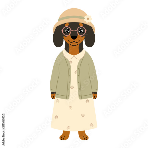 Cute grandma dachshund character in hat and glasses. Vector elderly dog isolated on white background