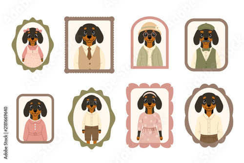 Cute dachshund family portraits in vintage frames set. Vector cartoon dog characters set isolated on white