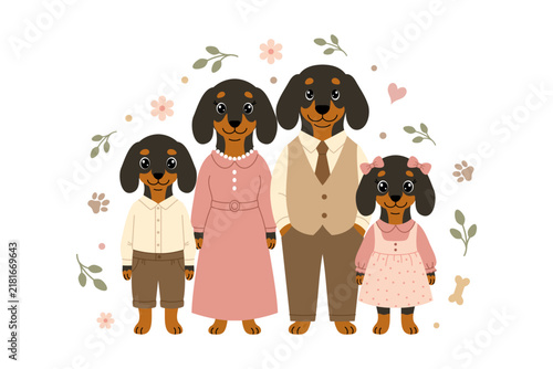 Cute dachshund dog family portrait with parents and kids. Vector cartoon animal family card isolated on white