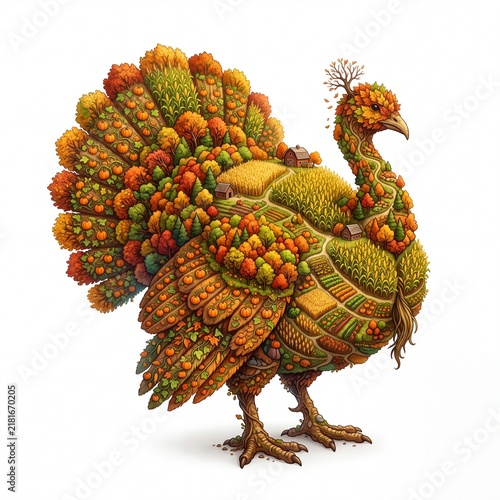Whimsical turkey formed from autumn farm fields, orchards and harvest crops, isolated on white background, ideal for Thanksgiving designs, seasonal posters and festive decor.