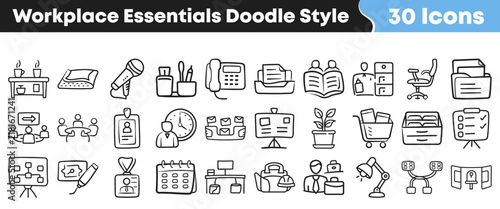 Hand drawn office icons set featuring various workplace equipment and tools