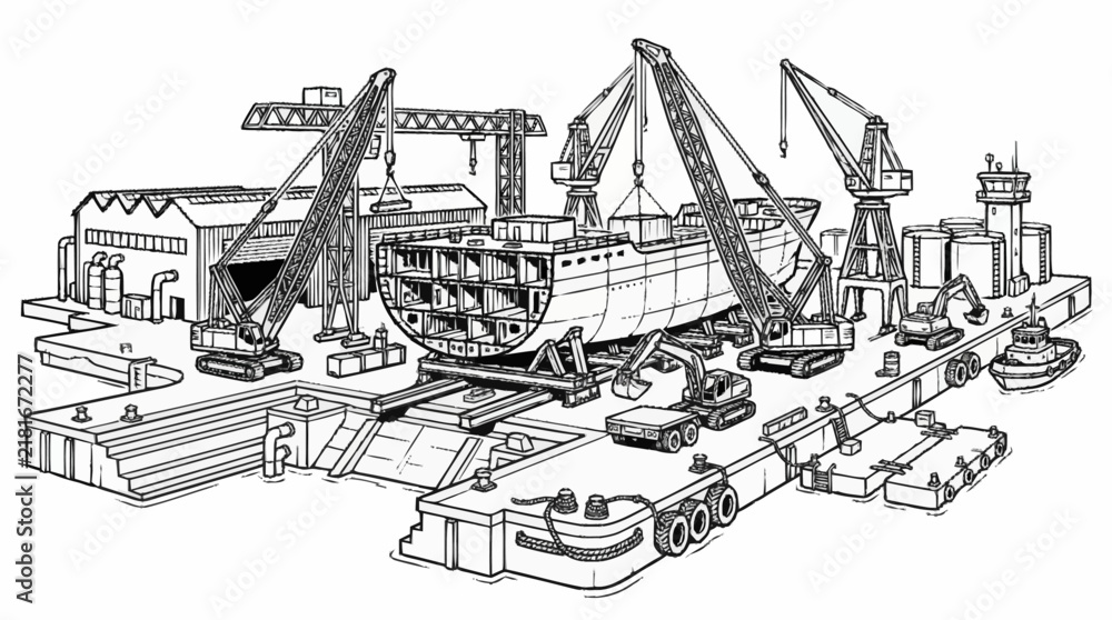 Fototapeta premium Corporate of Modern Shipbuilding Dry Dock with Heavy Machinery and Equipment in Monochrome with high quality professional line art symbols for modern creative design and digital branding projects