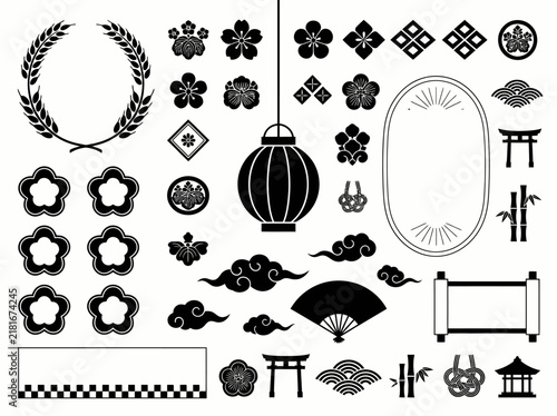 Fotografie Set of Traditional Japanese Icons and Symbols in Black and White Silhouette Styl