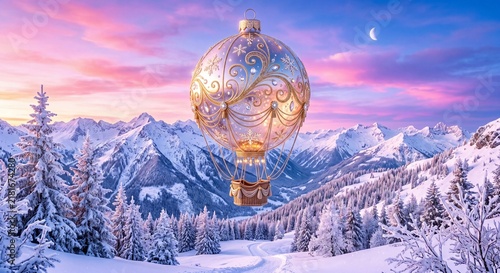 Fantasy Christmas ornament hot air balloon flying over snowy alpine mountains at pink sunset, with glowing golden details, winter forest and magical holiday atmosphere.