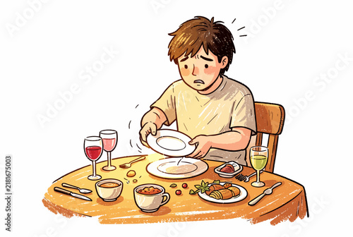 Young Boy Eating Dinner at Table.