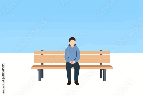 Young Man Sitting on Wooden Bench Illustration.