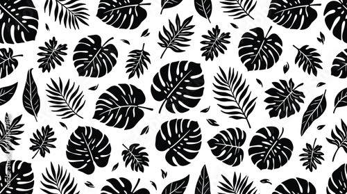 Seamless pattern background, with black tropical, palm and monstera, leaves silhouettes on, a white background