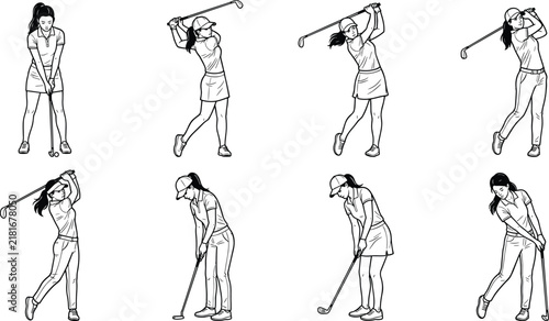 Set of eight black and white showing female golfers in various swing and putting poses