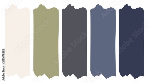 Set of five vertical color swatches with rough torn edges. Textured brush strokes in cream, sage green, charcoal, slate blue, and navy tones. Vector illustration isolated on 