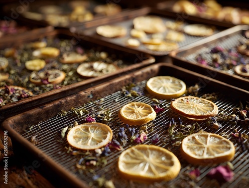 Dehydrated citrus slices resting on metal trays amidst dried flowers and herbs, artisanal preservation.