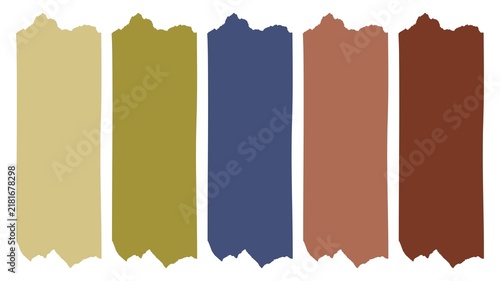 Set of five vertical color swatches in earthy tones. Textured brush strokes with rough edges in yellow, green, blue, terracotta, and brown. Vector illustration isolated on white.