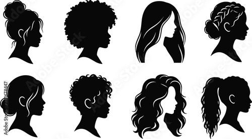 Collection of eight black female silhouettes in profile view showing various hairstyles including buns, braids, curls, and ponytails on white background