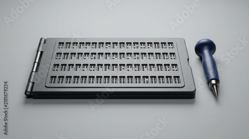 Braille slate and stylus tool display tactile metal grid rows and a dark blue handle resting orderly on a neutral gray studio surface.