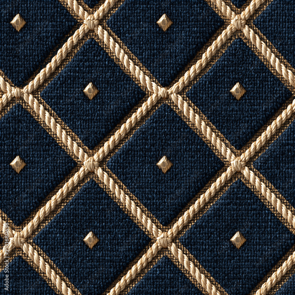 Obraz premium Seamless pattern navy blue fabric creating a diamond pattern, accented with gold twisted rope and small studs, offering a rich texture