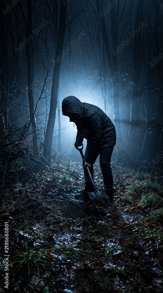Obraz premium A shadowy figure digs in a foggy forest at night, casting an eerie atmosphere. Concept of mystery, suspense, and thriller genres, suitable for use in films, books, and storytelling. Generative AI.