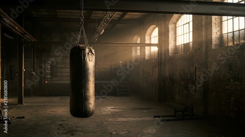 Black heavy punching bag hanging in empty dark gym for professional combat sports training.