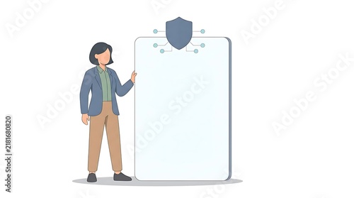 Woman standing next to large blank screen for presenting information or displaying data.