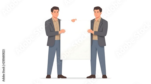 Two businessmen holding large blank poster for displaying information or advertising.