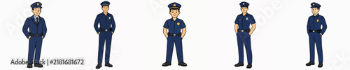 A set of male police officer vector models posing while standing with hands in their pockets.